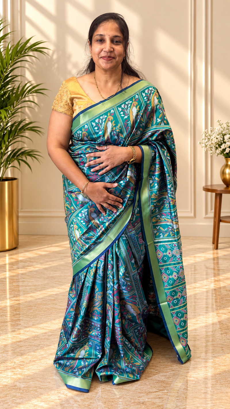 Kiara – Green Ikkat Print Soft Blended Silk Saree