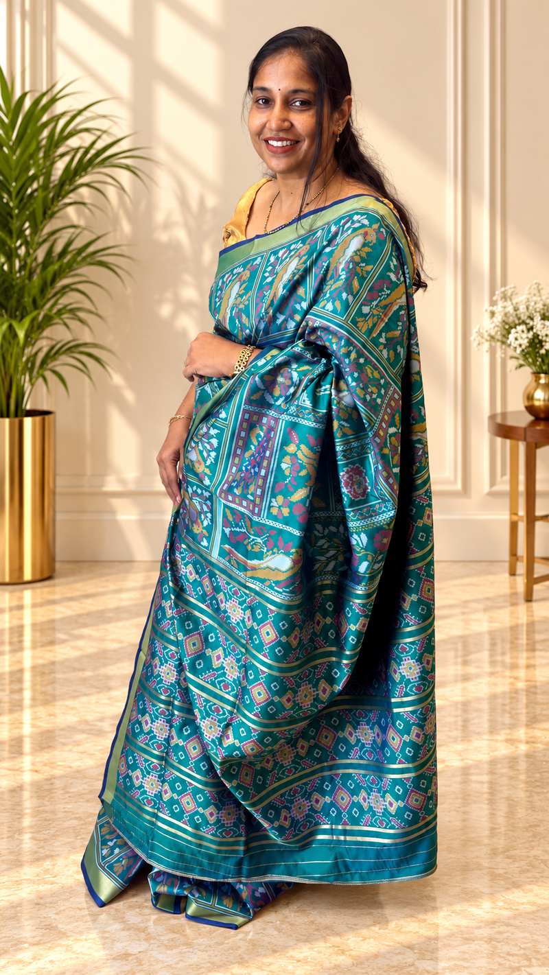 Kiara – Green Ikkat Print Soft Blended Silk Saree