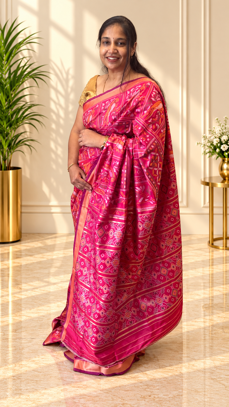 Kiara Magenta Ikkat Print Soft Blended Silk Saree | Radhe Ethnics