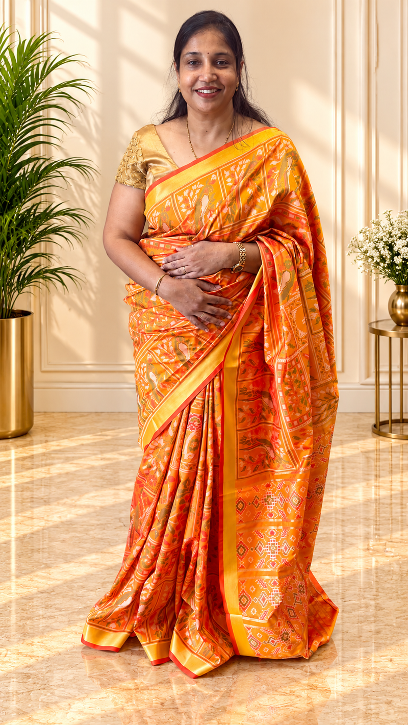 Kiara Yellow Ikkat Print Soft Blended Silk Saree | Radhe Ethnics