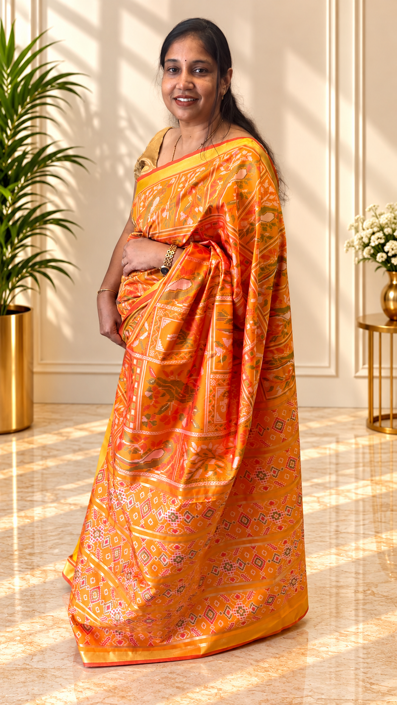 Kiara Yellow Ikkat Print Soft Blended Silk Saree | Radhe Ethnics