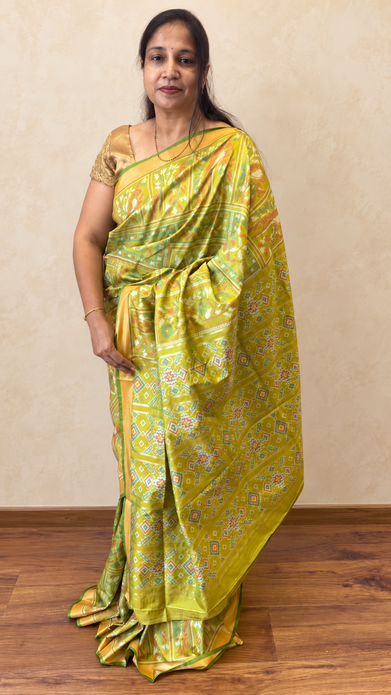 Kiara – Pista Green Ikkat Print Soft Blended Silk Saree | Radhe Ethnics