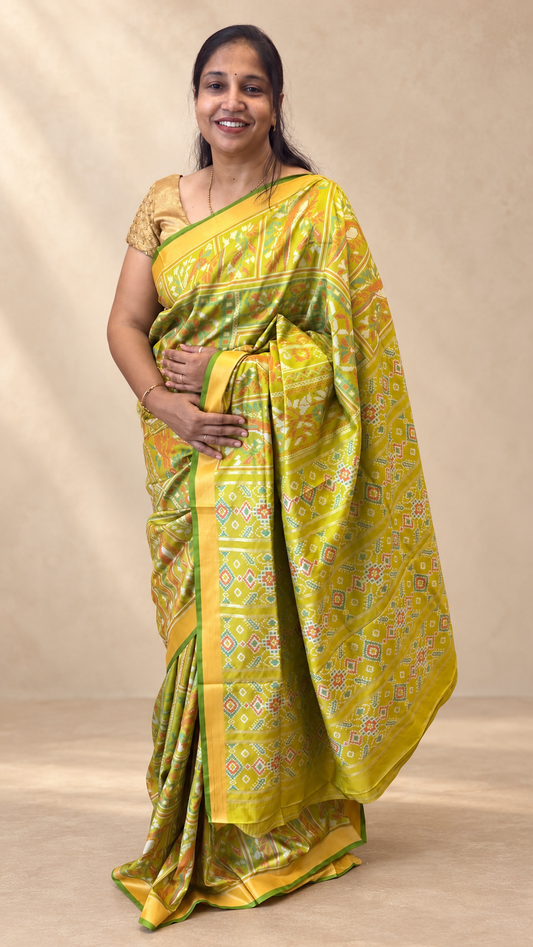 Kiara – Pista Green Ikkat Print Soft Blended Silk Saree | Radhe Ethnics