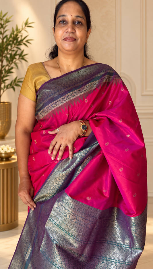 Aaradhya Soft Silk Saree – Purple & Green Dual-Tone Pallu | Radhe Ethnics