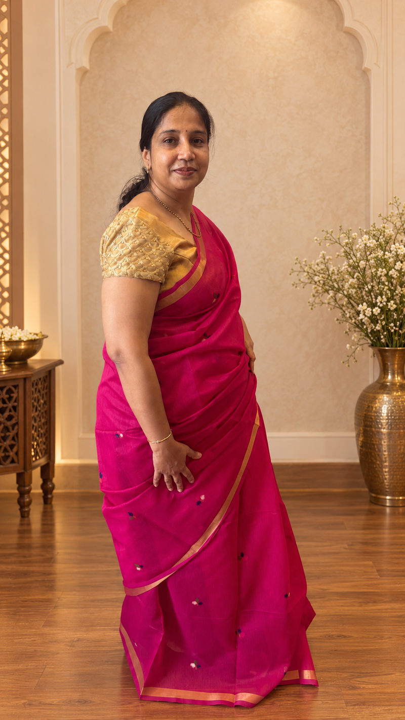 Pakhi – Rani Pink Cotton Silk Jamdhani Saree | Radhe Ethnics