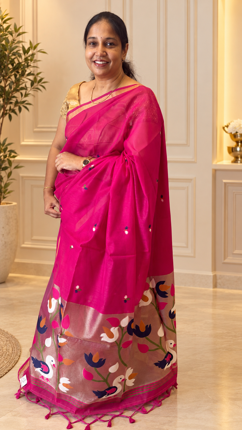 Pakhi – Rani Pink Cotton Silk Jamdhani Saree | Radhe Ethnics