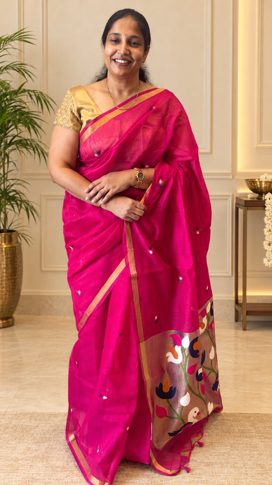 Pakhi – Rani Pink Cotton Silk Jamdhani Saree | Radhe Ethnics