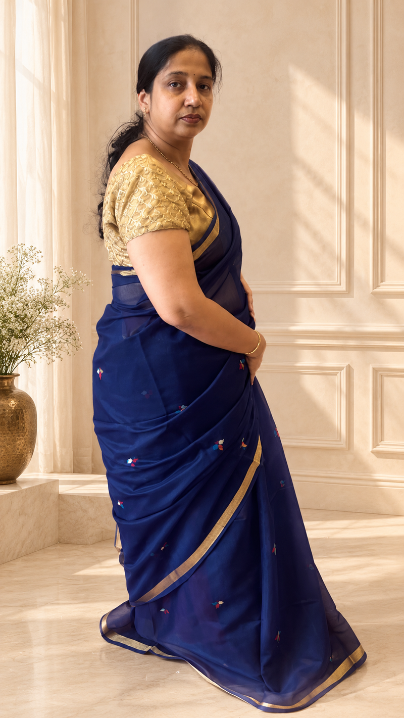 Pakhi Dark Blue Cotton Silk Jamdhani Saree | Radhe Ethnics