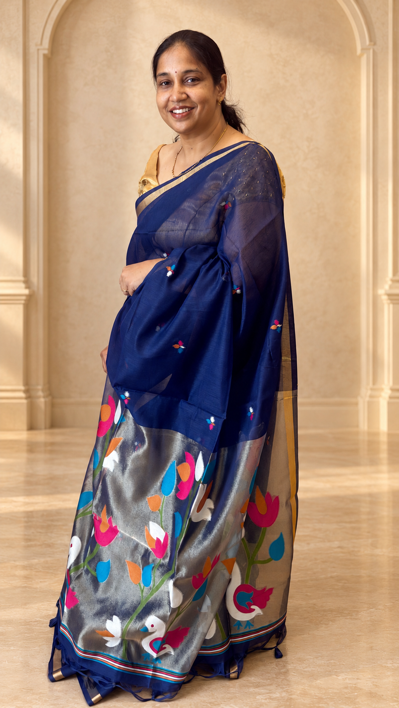 Pakhi Dark Blue Cotton Silk Jamdhani Saree | Radhe Ethnics