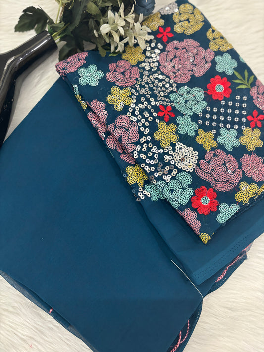 Alpa Elegant Blue Georgette Plain Saree with Designer Embroidered Blouse