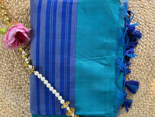 Kavya Turquoise Blue  Cotton Silk Saree with Royal Blue & Gold Border