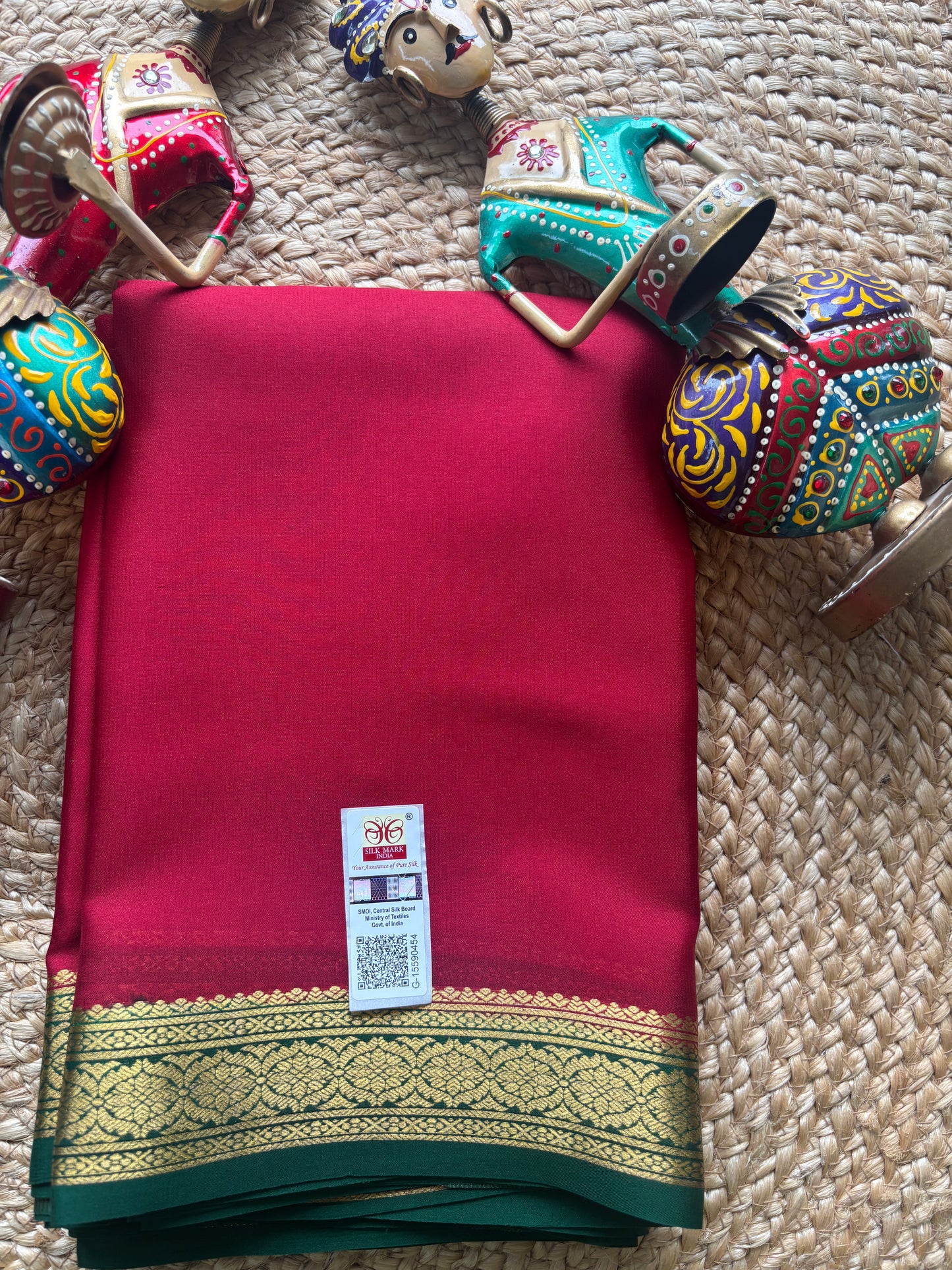 Pure Mysore Silk Single Border Maroon and Green Saree