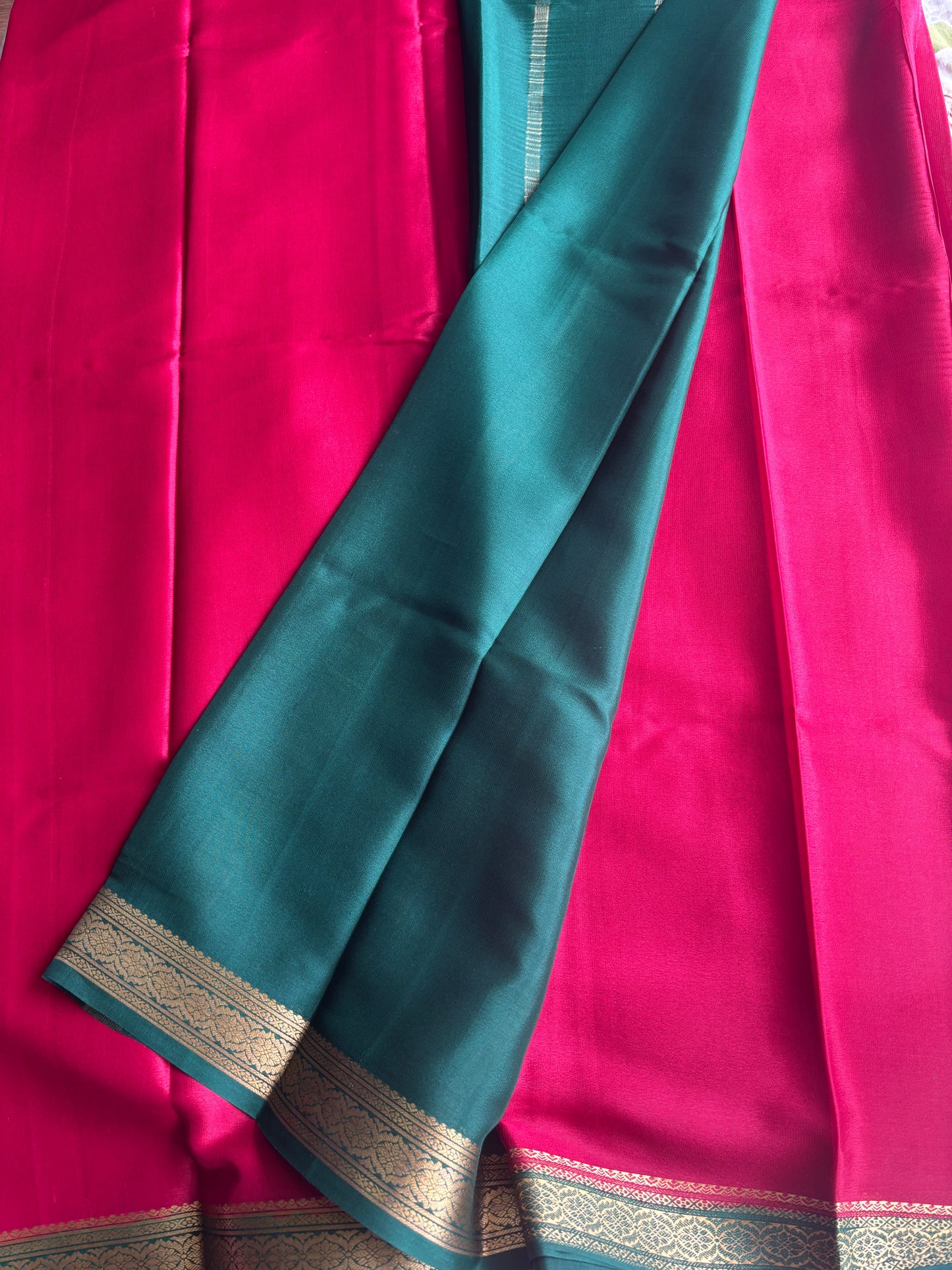 Pure Mysore Silk Single Border Maroon and Green Saree