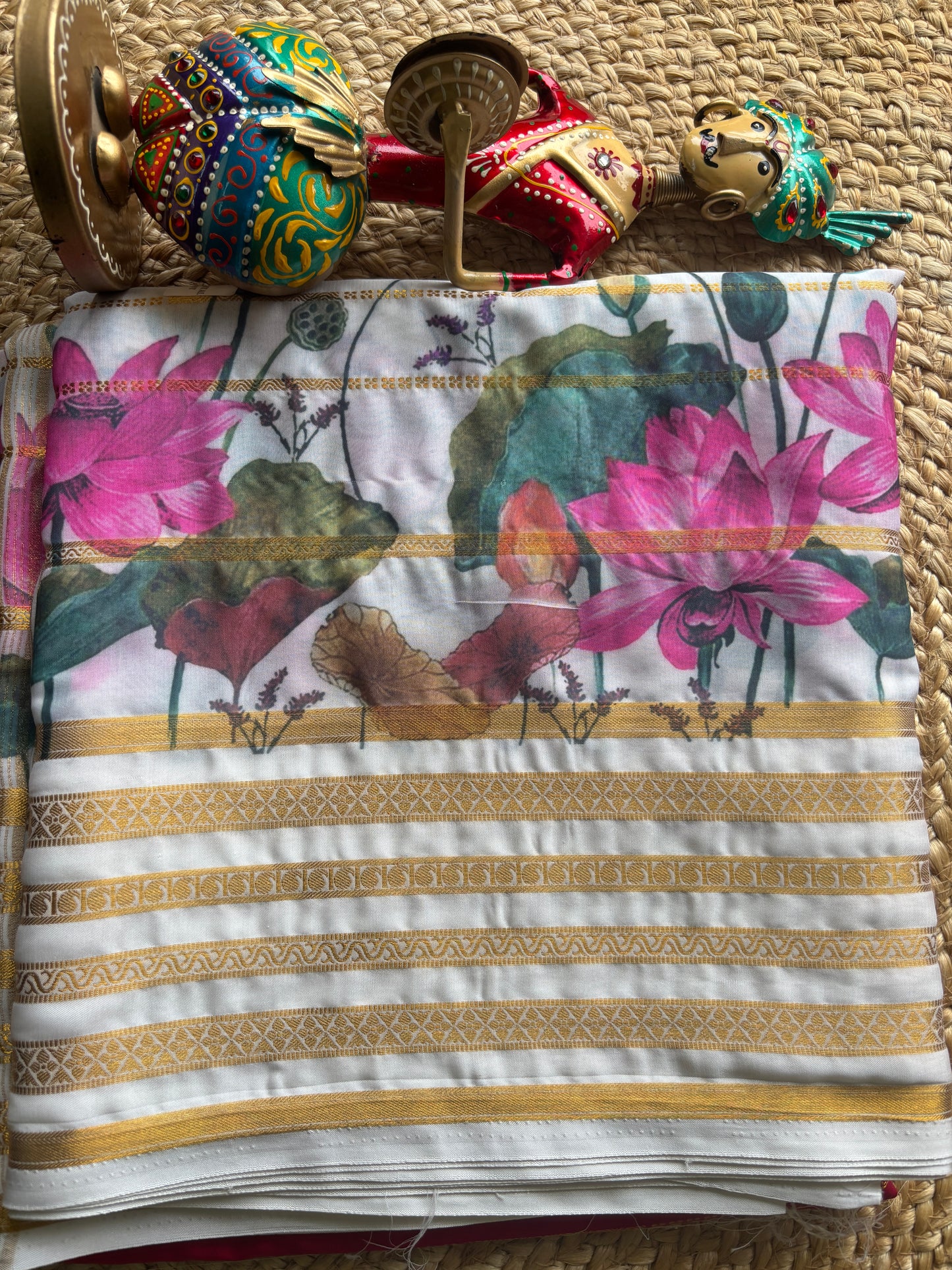 Semi Crepe Pink N White Silk Saree