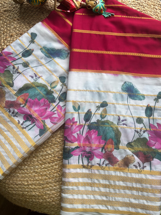 Semi Crepe Pink N White Silk Saree
