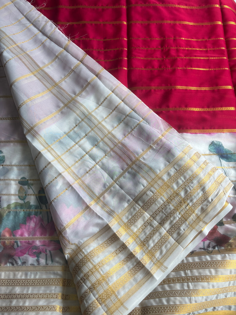 Semi Crepe Pink N White Silk Saree