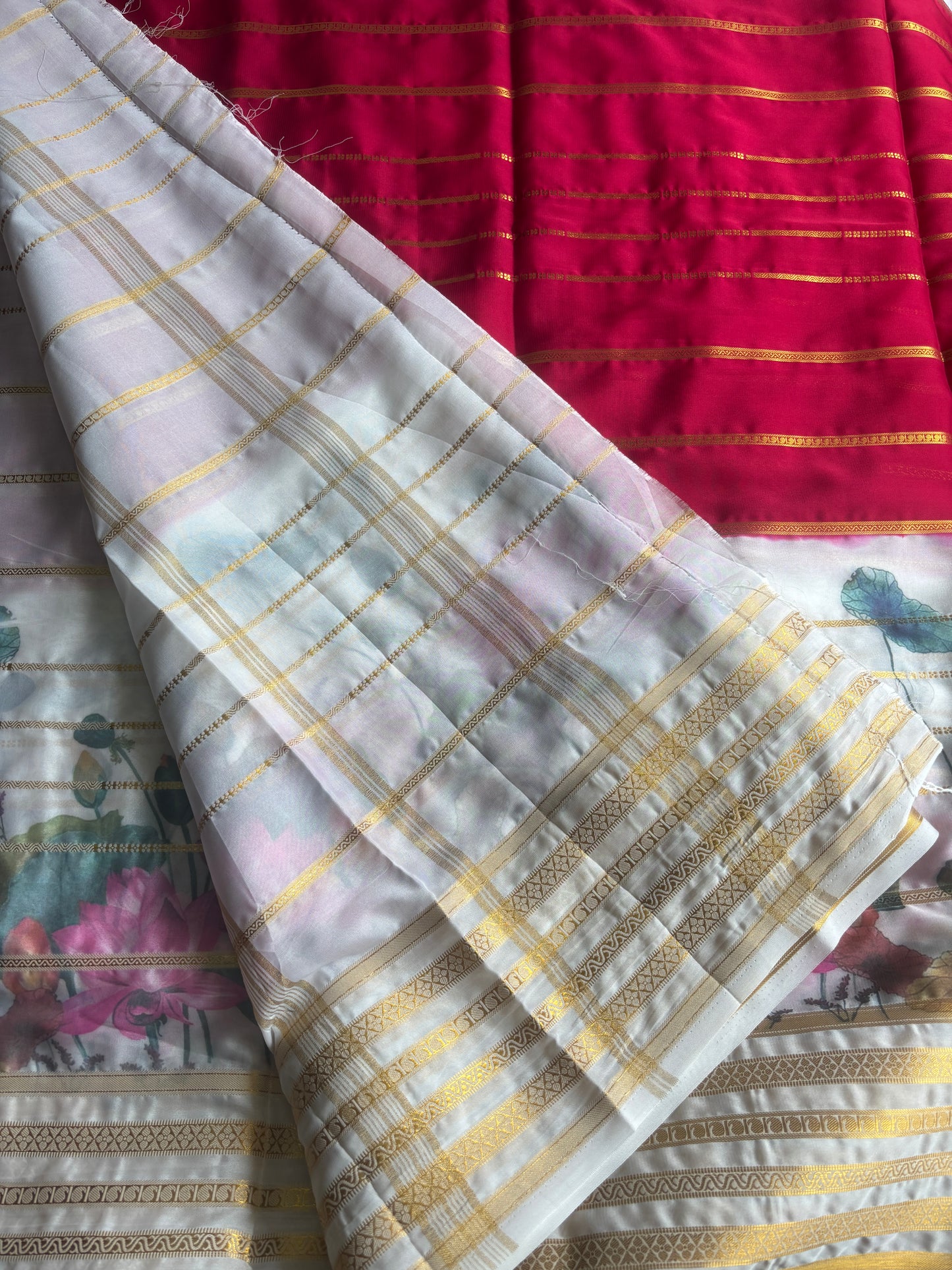 Semi Crepe Pink N White Silk Saree