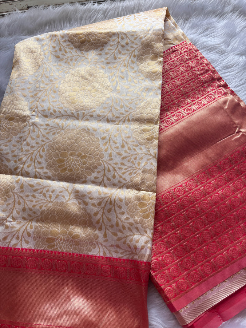 Cream and Red silk Saree