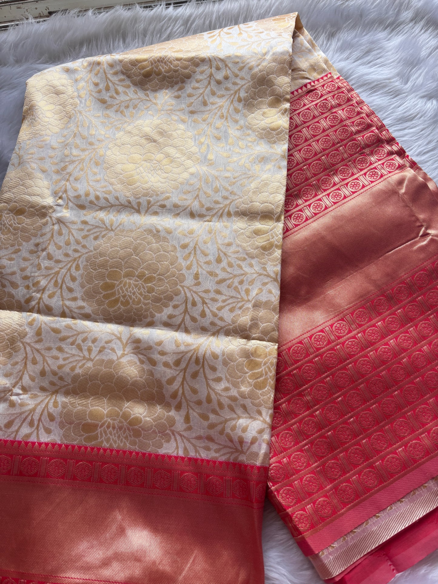 Cream and Red silk Saree