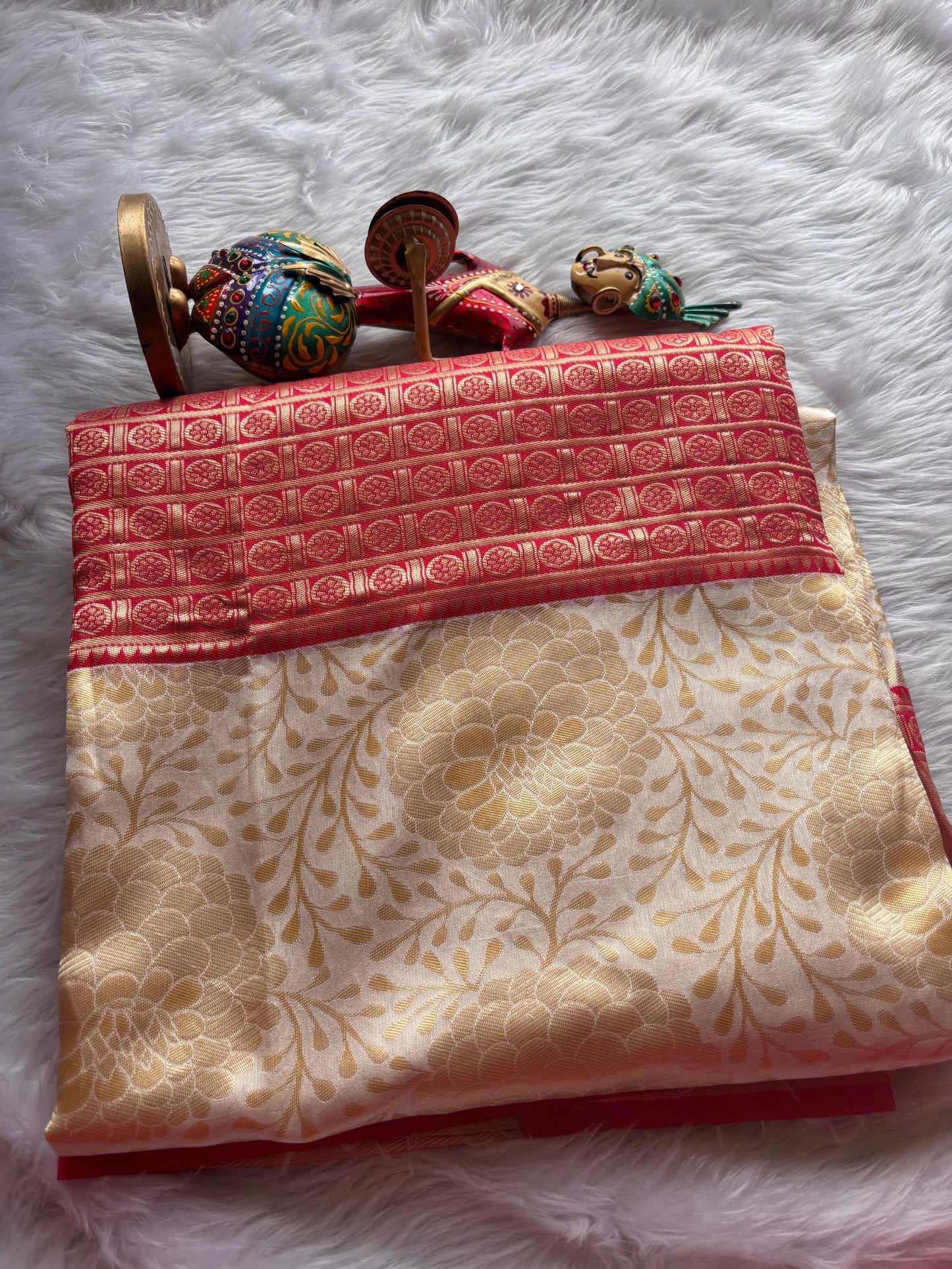Cream and Red silk Saree
