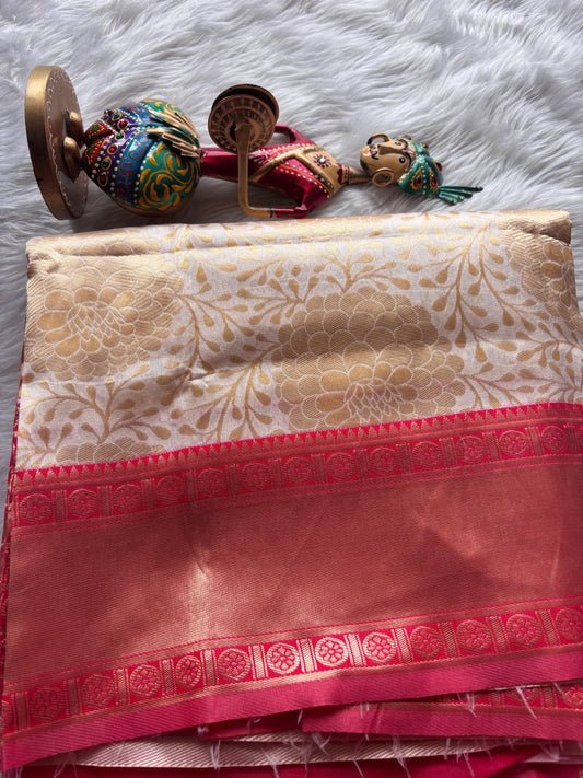 Cream and Red silk Saree