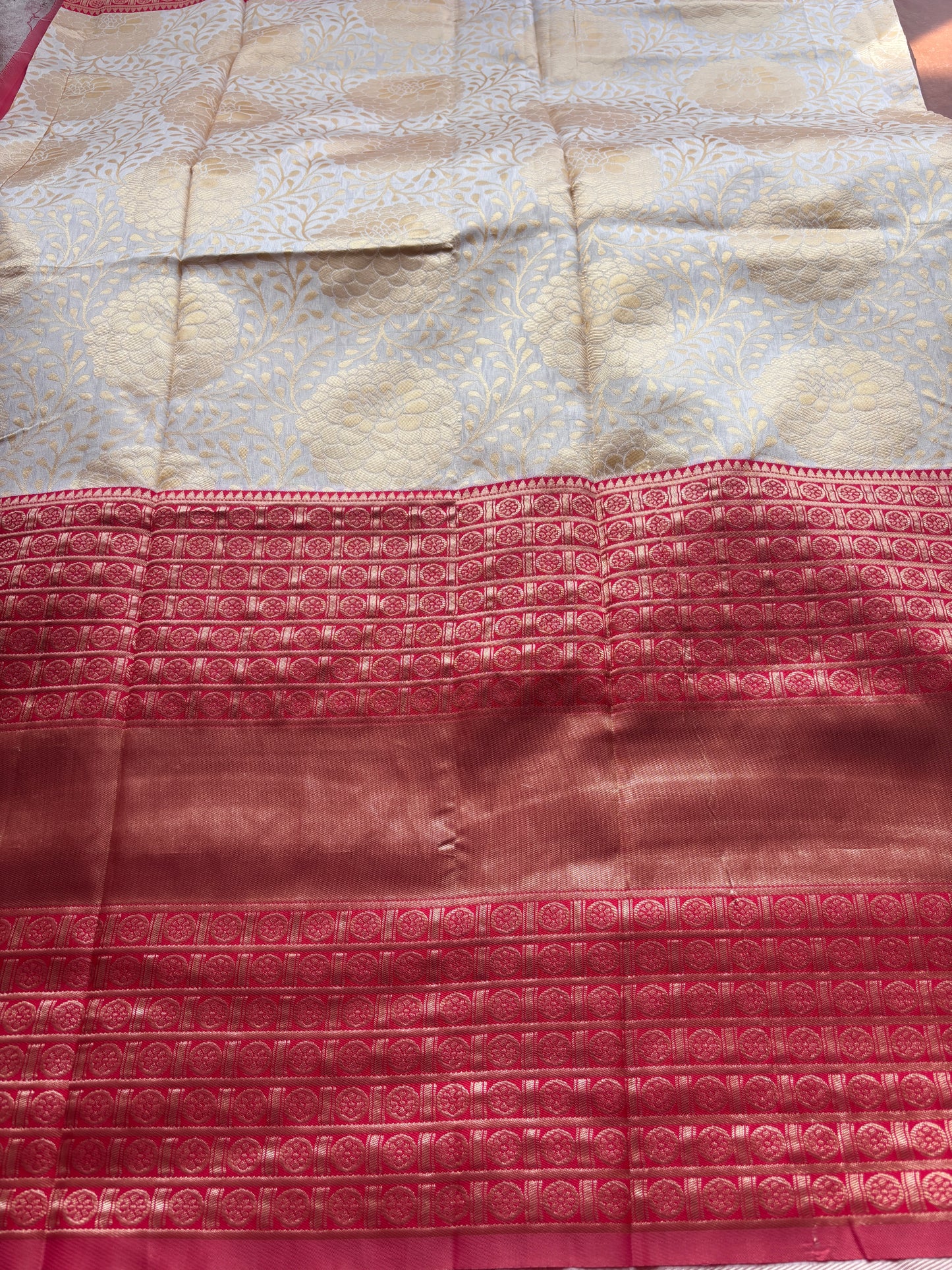 Cream and Red silk Saree