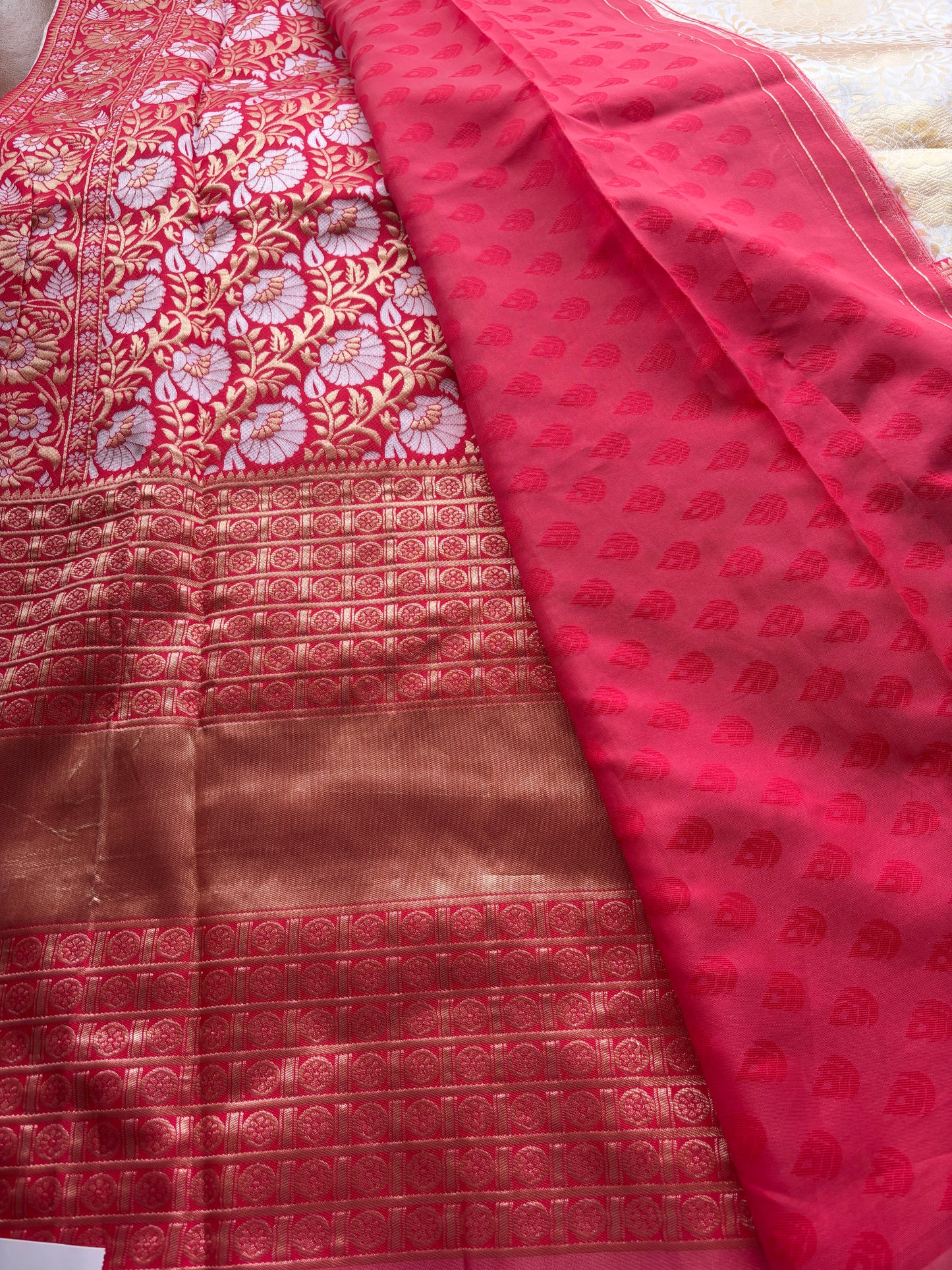 Cream and Red silk Saree