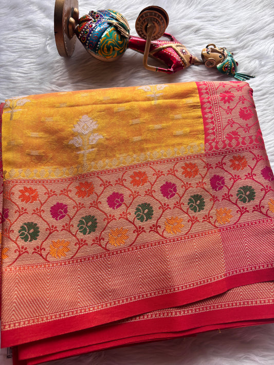 Yellow and Red Silk Organza Saree