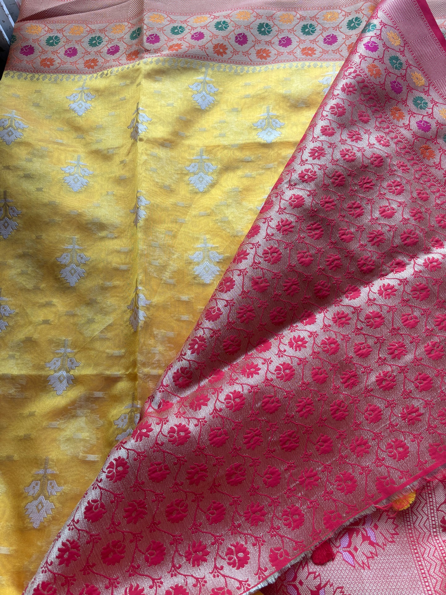Yellow and Red Silk Organza Saree