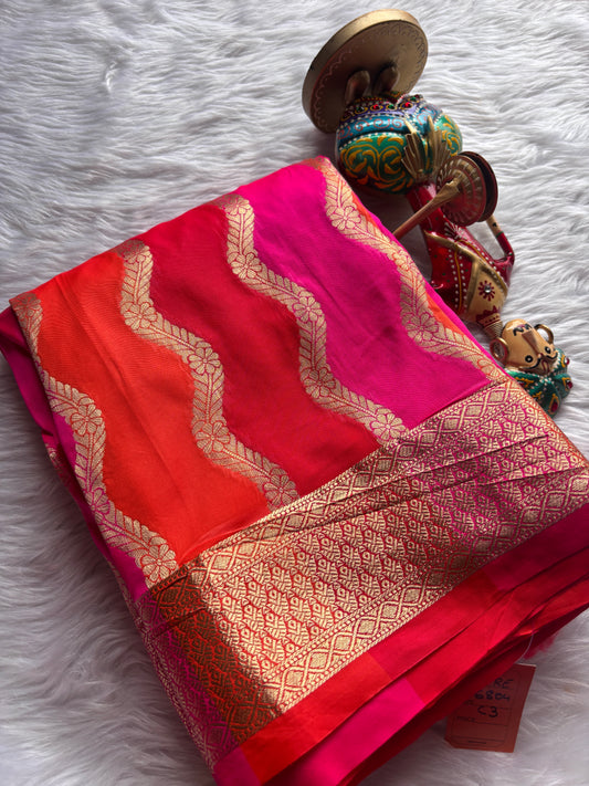 Lehariya Pink and Orange Soft Silk Saree