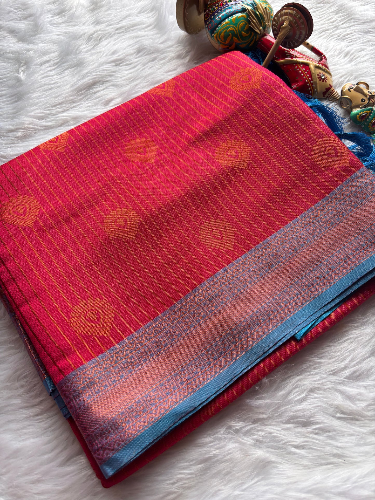 Pink and Blue Lining Silk Saree