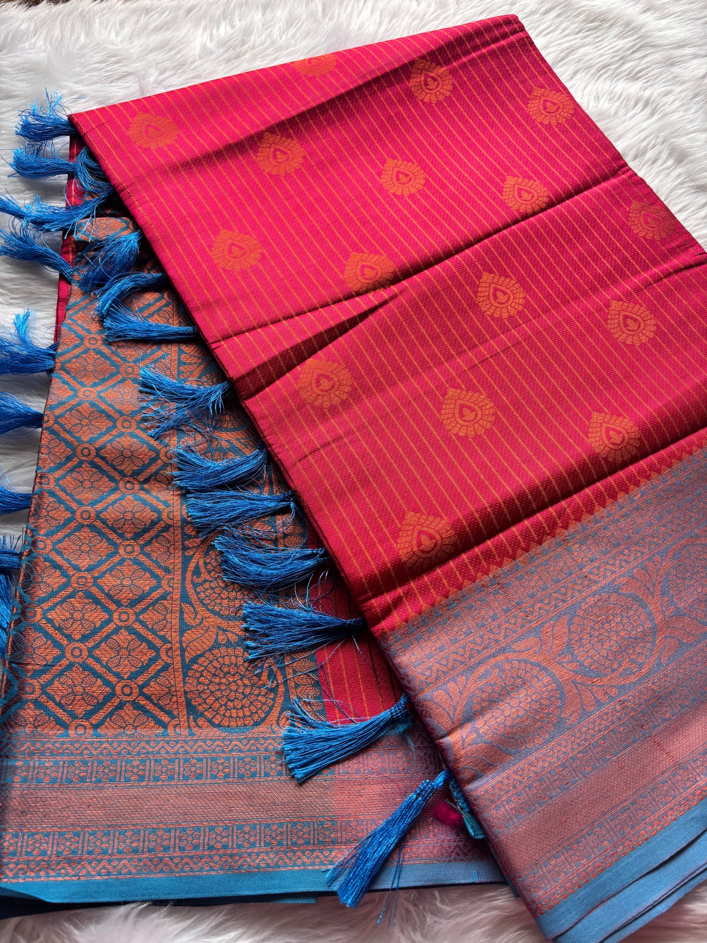 Pink and Blue Lining Silk Saree