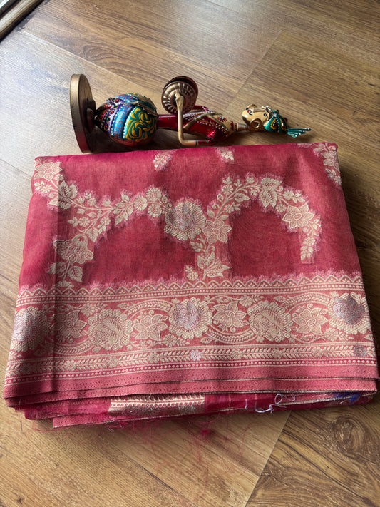 Pinkish Brown Organza Silk Saree