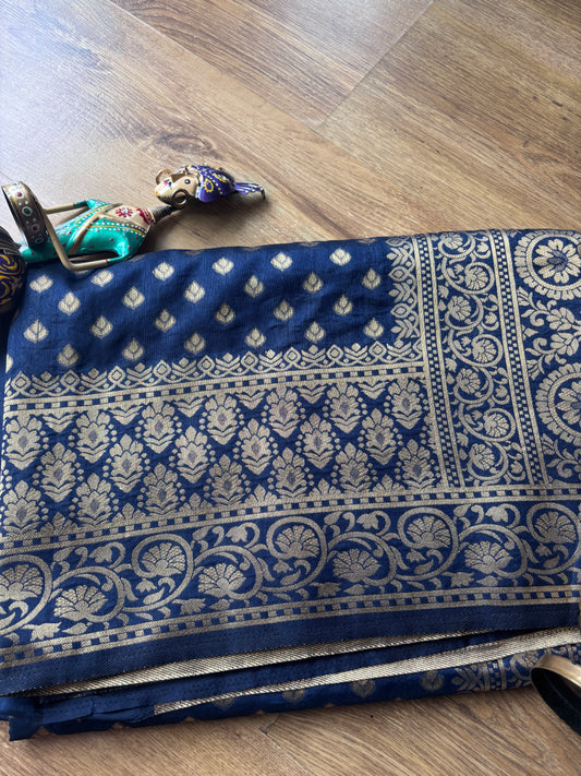 Dark Blue and Grey Silk Saree