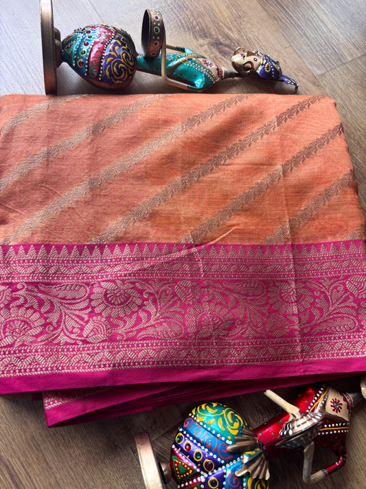 Brown and Pink Lehariya Organza Silk Saree