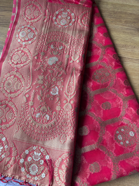 Strawberry Organza Silk Saree