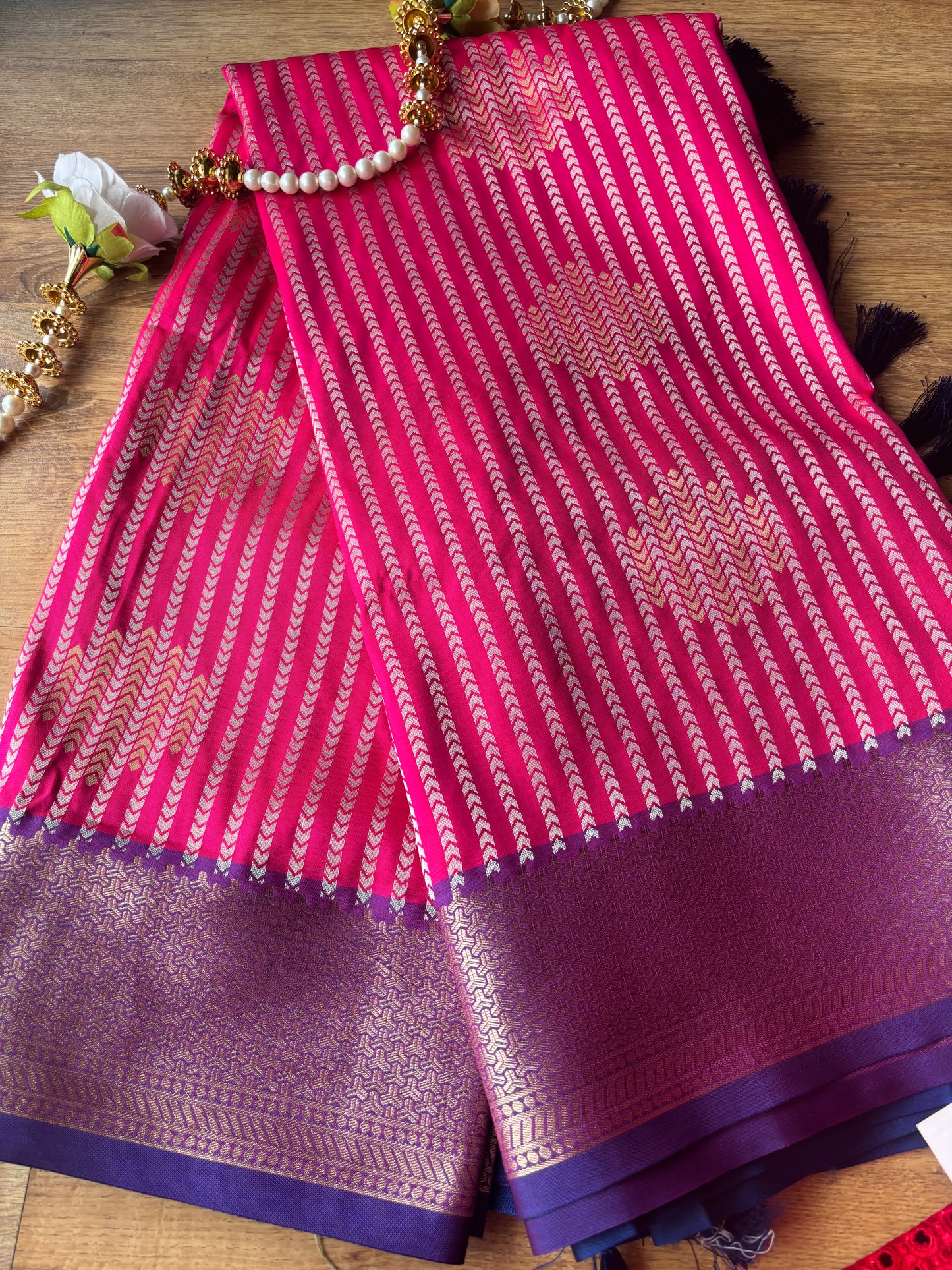 Rani Pink Straight Line Silk Saree