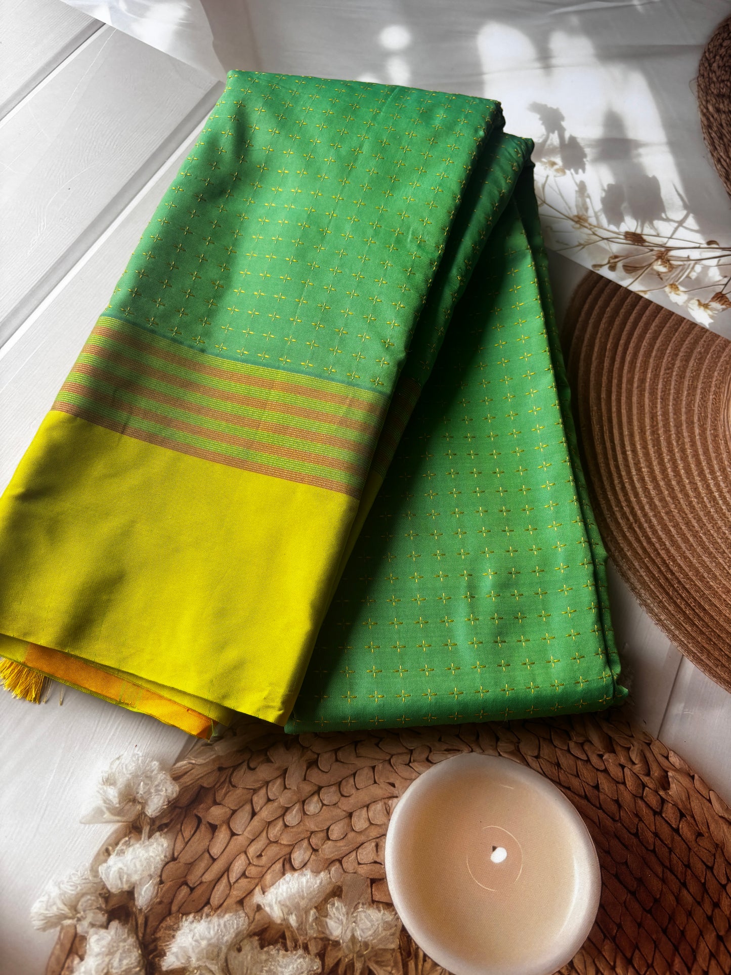 Vrindaa – Green & Yellow Soft Silk Saree