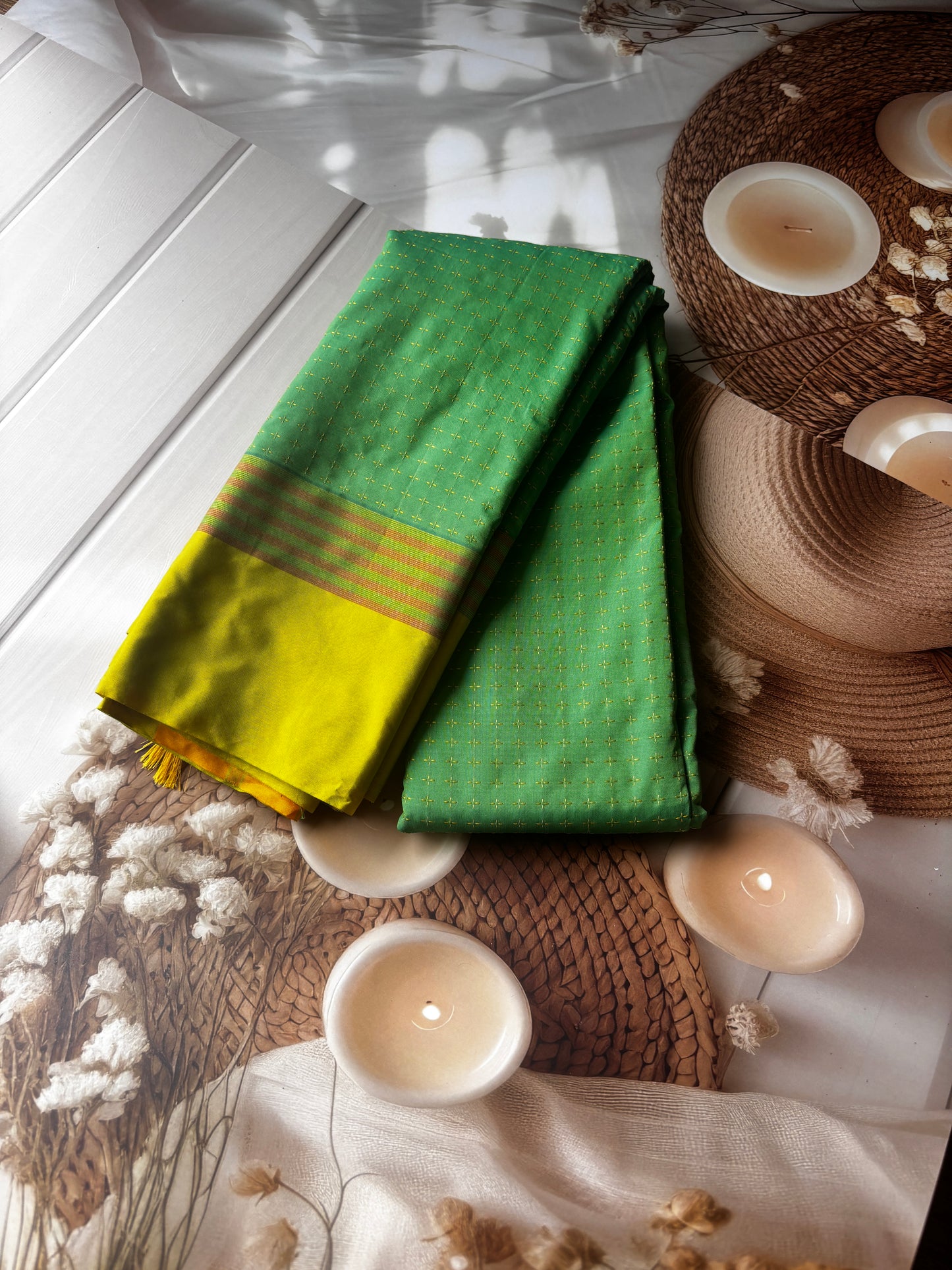 Vrindaa – Green & Yellow Soft Silk Saree