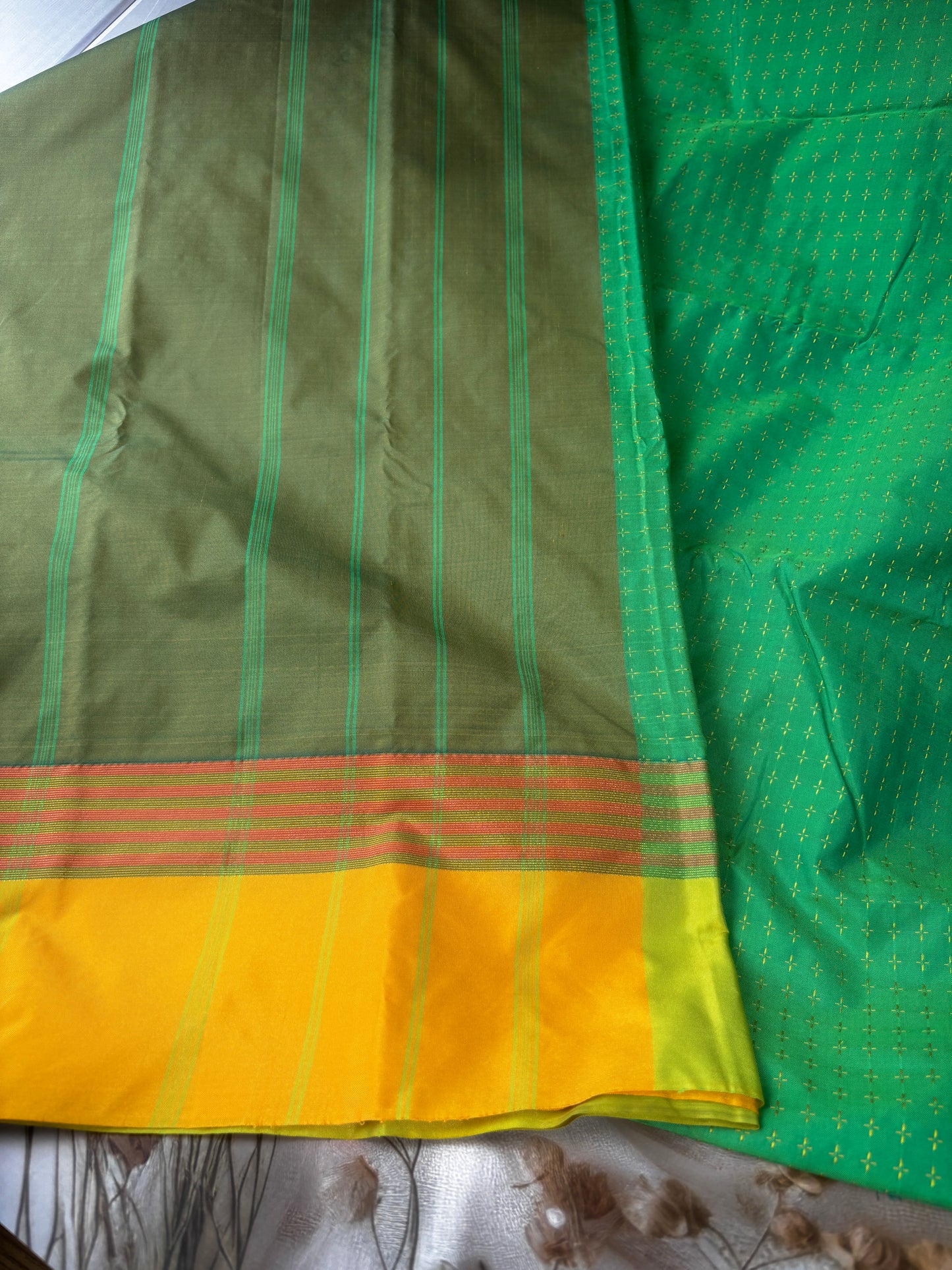 Vrindaa – Green & Yellow Soft Silk Saree