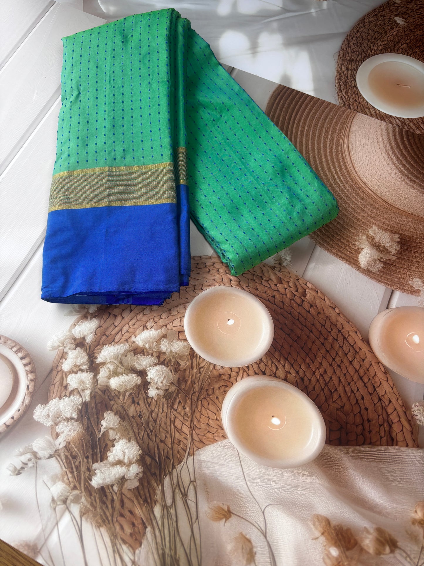 Vrindaa – Green & Royal Blue Soft Silk Saree