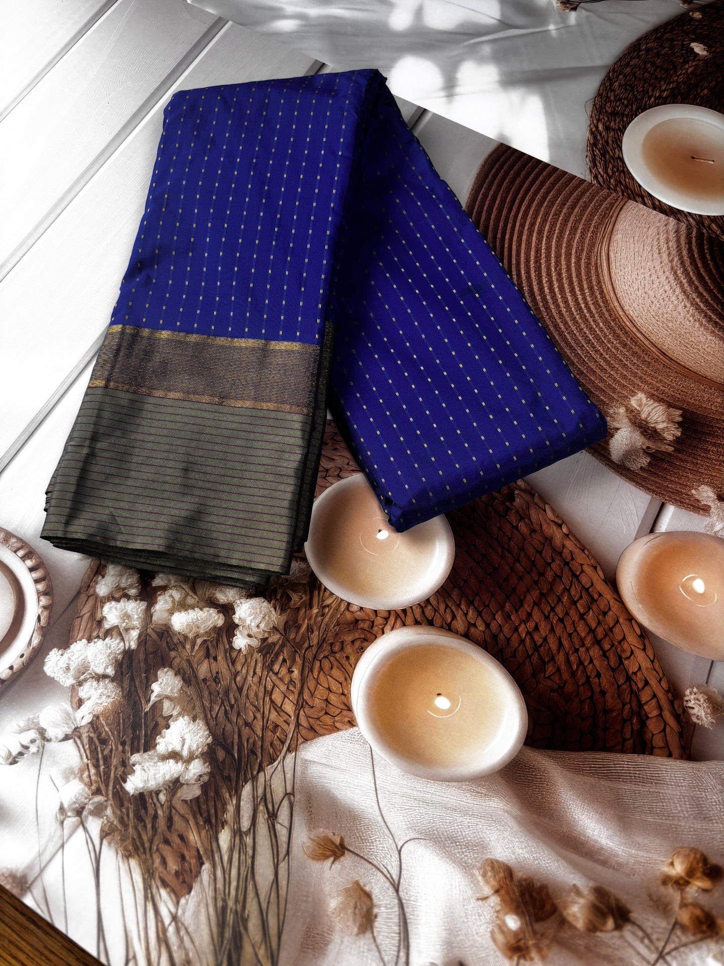 Vrindaa - Royal Blue & Olive Green Soft Silk Saree