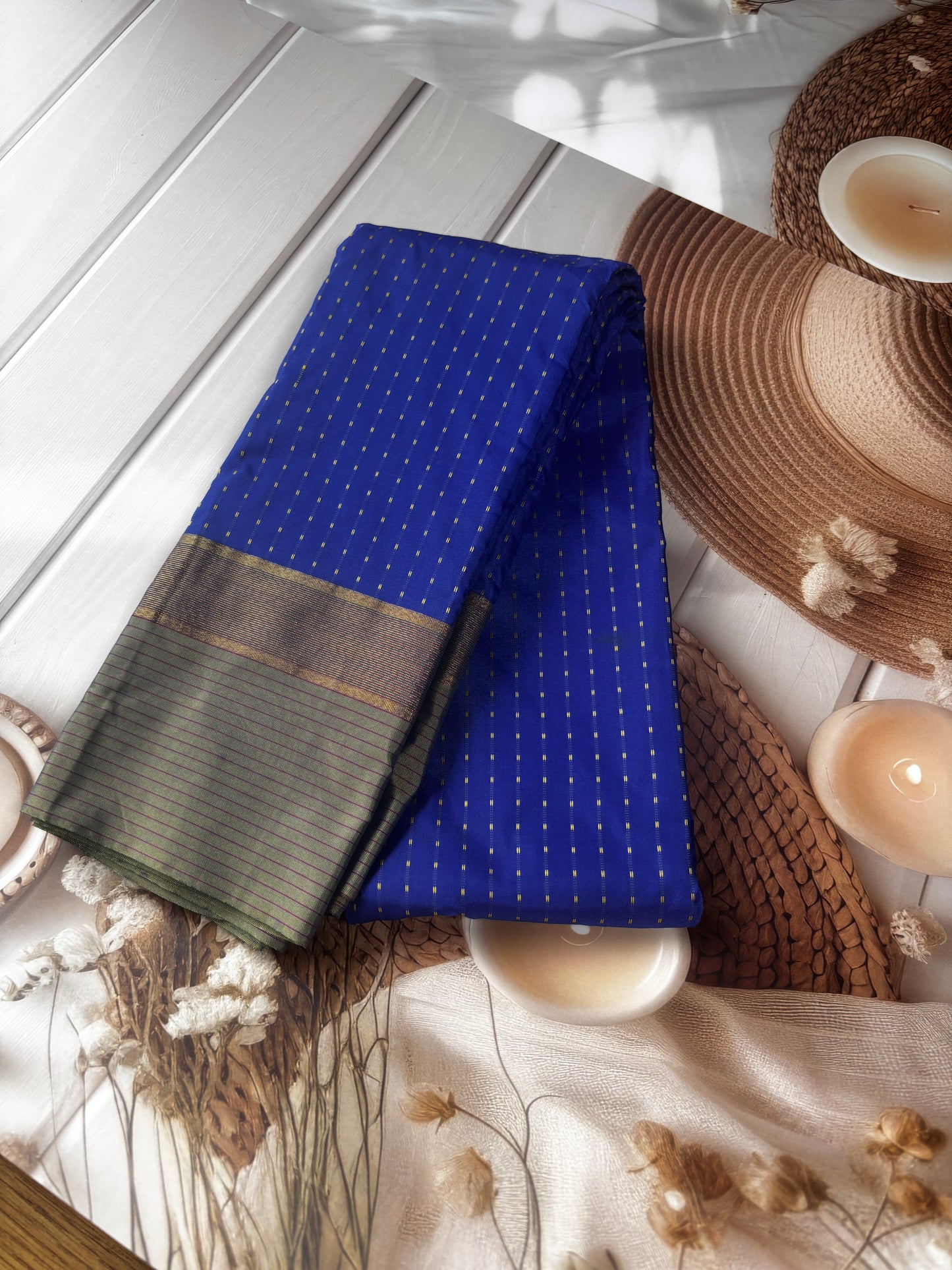 Vrindaa - Royal Blue & Olive Green Soft Silk Saree