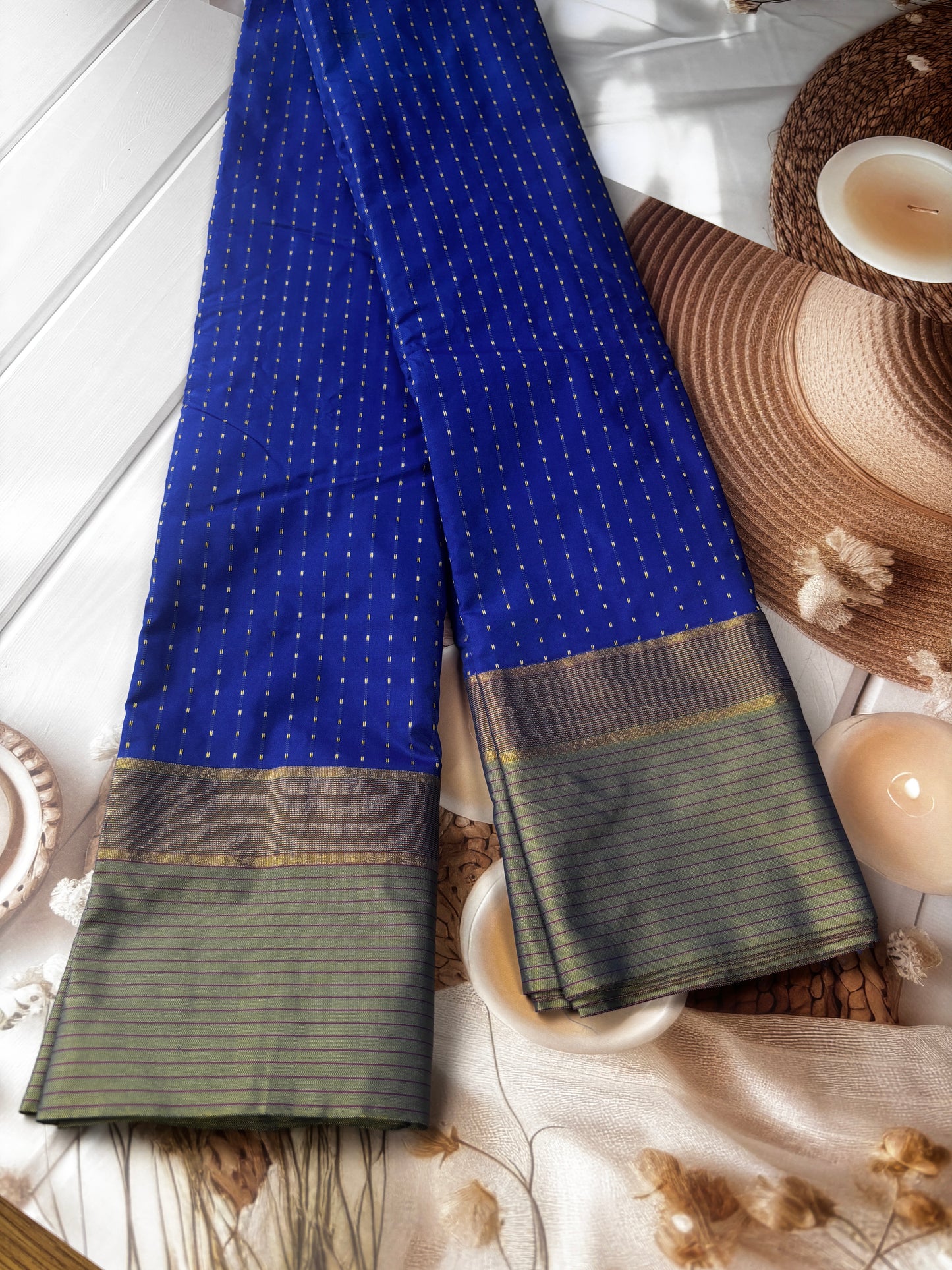 Vrindaa - Royal Blue & Olive Green Soft Silk Saree