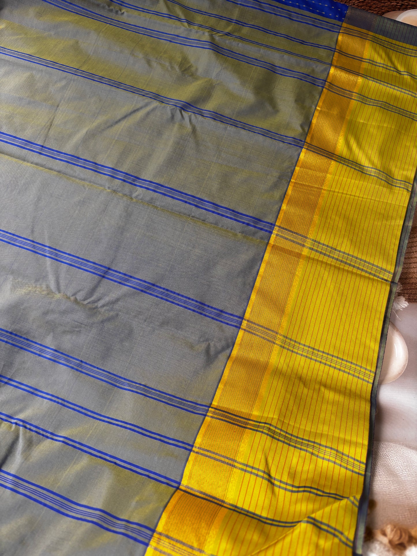 Vrindaa - Royal Blue & Olive Green Soft Silk Saree