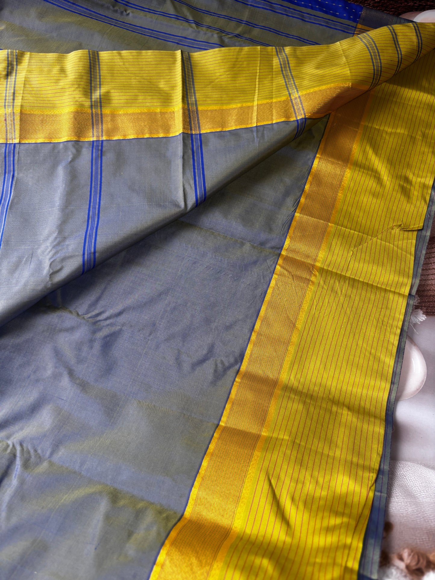 Vrindaa - Royal Blue & Olive Green Soft Silk Saree