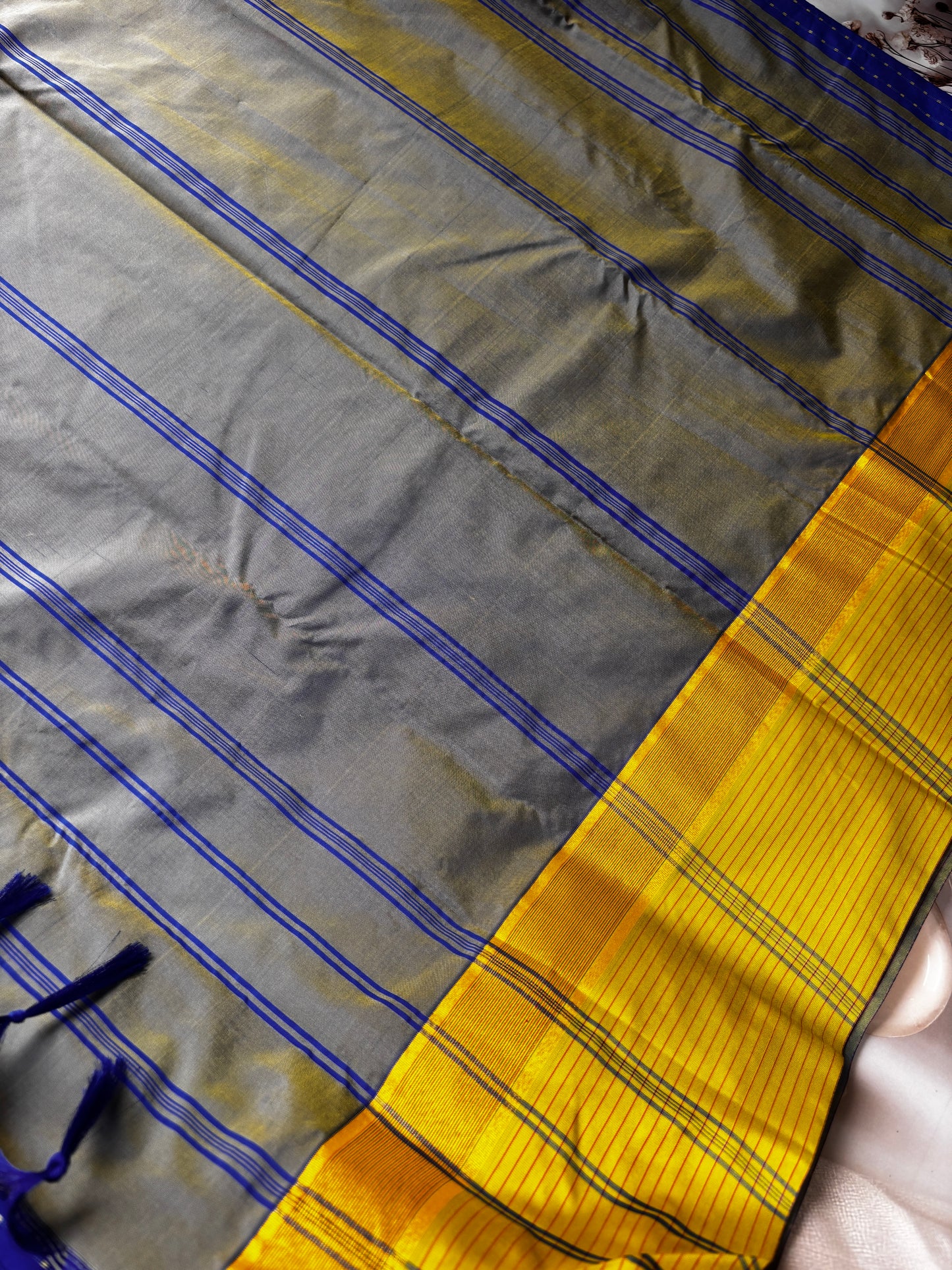 Vrindaa - Royal Blue & Olive Green Soft Silk Saree