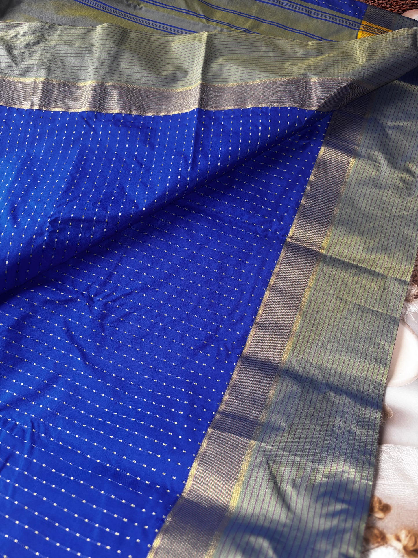 Vrindaa - Royal Blue & Olive Green Soft Silk Saree