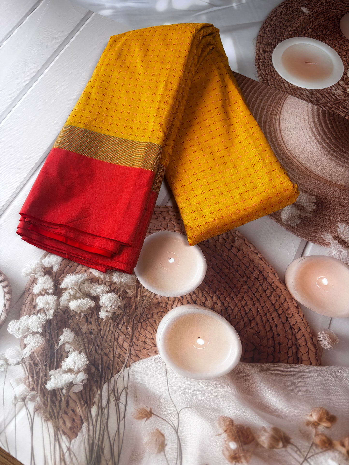 Vrindaa – Mustard Yellow & Maroon Soft Silk Saree