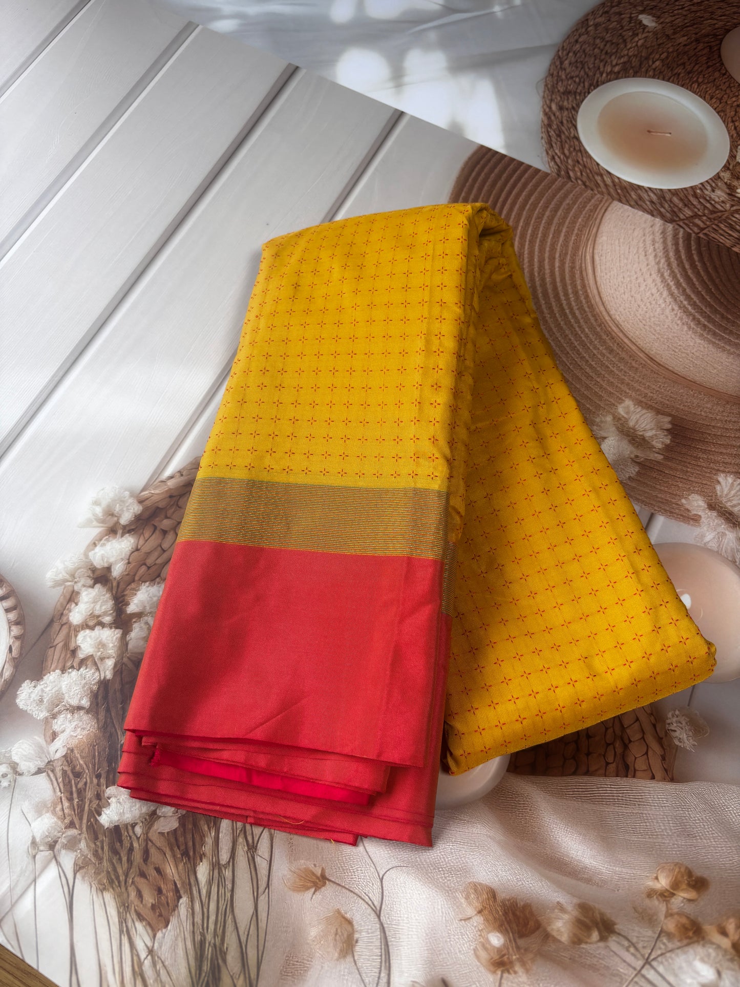 Vrindaa – Mustard Yellow & Maroon Soft Silk Saree